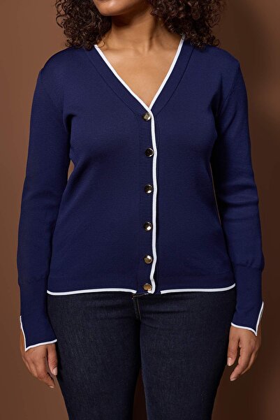 Trendyol Curve Navy Blue Button Detailed Striped Knitwear Cardigan Tbbaw24Av00014