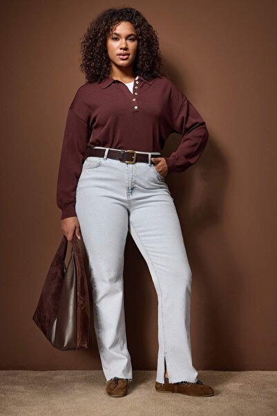 Trendyol Curve Blue High Waist Slit Detailed Flare Fit Plus Size Jeans Tbbaw26Cj00000