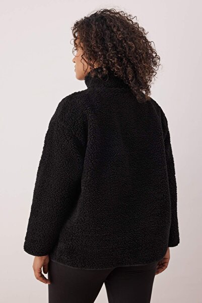 Trendyol Curve Winter Essentials Black Thick Fleece Zippered Stand Collar Pocket Knitted Sweatshirt Tbbaw26Ao00022