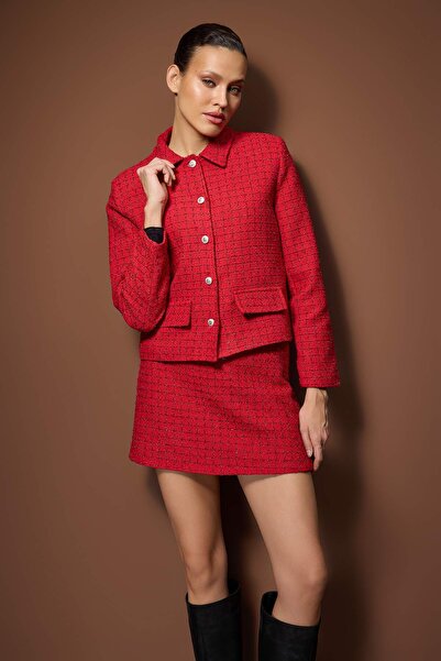 Trendyol Collection Red Glitter Tweed Buttoned Stylish Jacket Twoaw26Ce00015
