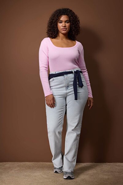 Trendyol Curve Pink U-Neck Knitted Plus Size Blouse Tbbaw26Af00112