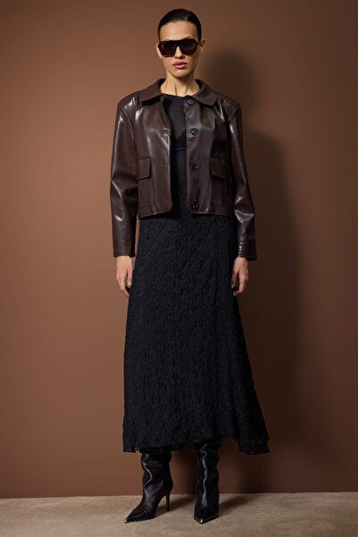 Trendyol Modest Black Lined Lace Fabric Knitted Skirt Tctaw26Ee00017