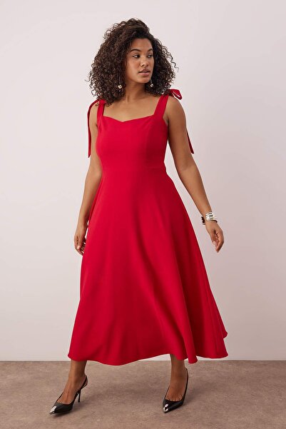 Trendyol Curve Red A-Line Suspender Tie Detail Midi Woven Evening Dress Night Graduation Dress Tbbss25Ah00225