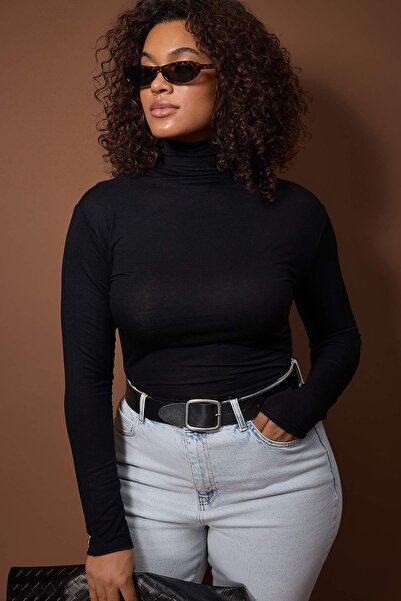 Trendyol Curve Black Fake Knitwear Knitted Plus Size Blouse
