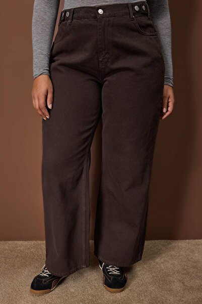 Trendyol Curve Brown Elastic Waist and Adjustable Wide Leg Wide Leg Plus Size Pants Tbbaw26Ar00018