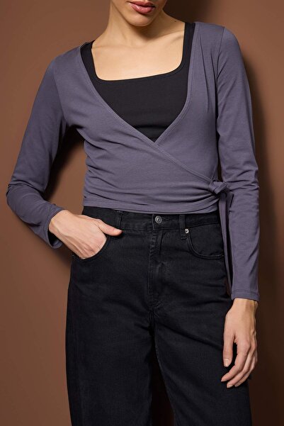 Trendyol Collection Anthracite-Black 2-Pack Tie-Up Detailed Body-Hugging Stretchy Knitted Blouse Twoaw26Bz00102