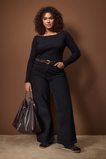 Trendyol Curve Black Boat Neck Fitted Ribbed Knit Knitted Plus Size Blouse Tbbaw26Af00093