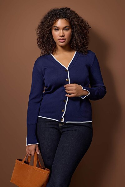Trendyol Curve Navy Blue Button Detailed Striped Knitwear Cardigan Tbbaw24Av00014