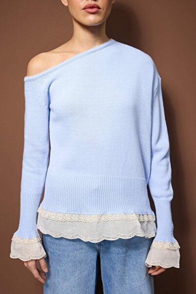 Trendyol Collection Blue Lace Paneled Boat Neck Knitwear Sweater Twoaw26Kz00276
