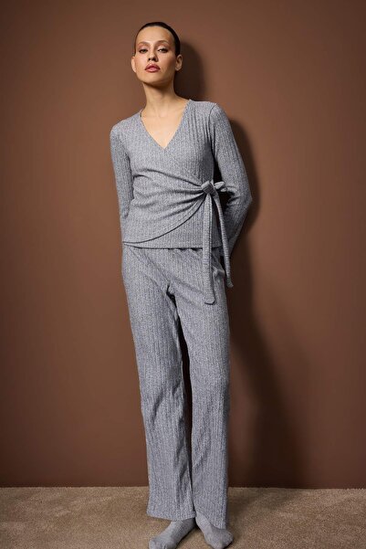 Trendyol Collection Gray Melange Double-Breasted Corded Fabric Knitted Pajama Set Thmaw26Pt00225