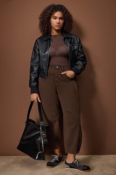 Trendyol Curve Καφέ τζιν ψηλόμεσο με φαρδύ κούμπωμα μεγάλου μεγέθους TBBSS25CJ00000