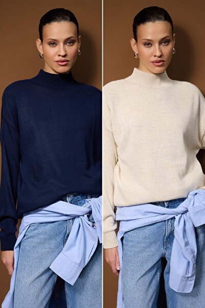 Trendyol Collection Navy Blue-Stone Navy Blue-Ecru Basic Double Pack Knitwear Sweater Twoaw26Kz00232 Knitwear Sweater Twoaw26Kz00232