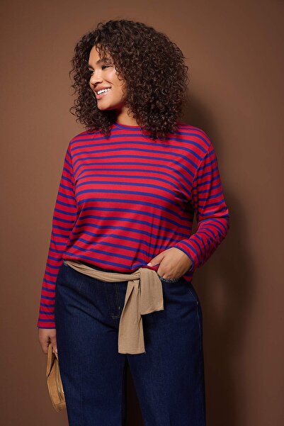 Trendyol Curve Navy Blue Striped Regular/Normal Fit Basic Crew Neck Knitted T-Shirt Tbbaw26Bf00003