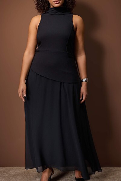 Trendyol Curve Black Chiffon Woven Plus Size Party/Evening/Night Dress Tbbaw26Ah00076