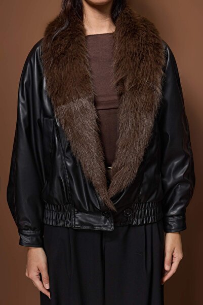 Trendyol Collection Black Oversized Mold Faux Fur Detailed Bomber Jacket Coat Twoaw26Mo00170