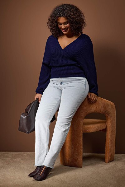 Trendyol Curve Pulover tricotat cu închidere în spate, albastru marin cu două rânduri de nasturi TBBAW23AN00040