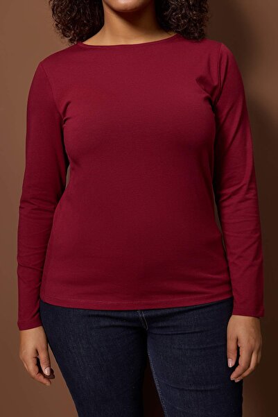 Trendyol Curve Burgundy Cotton Boat Neck Fitted/Fitted Stretch Blouse Tbbaw26Af00027