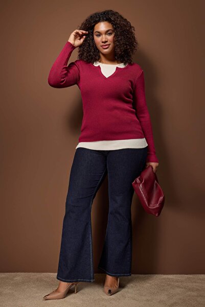 Trendyol Curve Wardrobe Essentials Cherry Double Layer Look Corded Fabric Knitwear Sweater Tbbaw26An00017