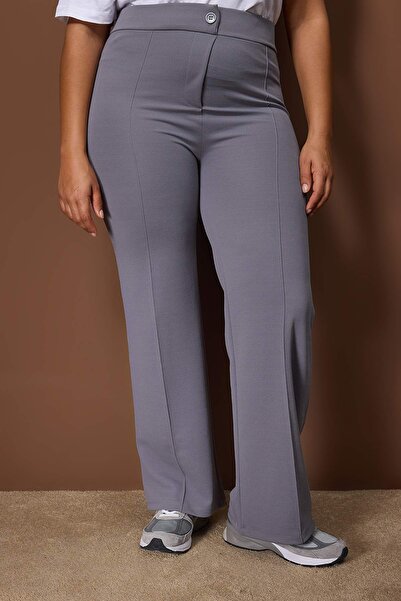 Trendyol Curve Gray Rib Detailed Straight Fit Knitted Plus Size Pants Tbbaw26Ar00029