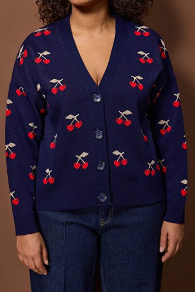 Trendyol Curve Navy Blue Cherry Patterned V-Neck Crop Knitwear Cardigan Tbbaw23Av00028