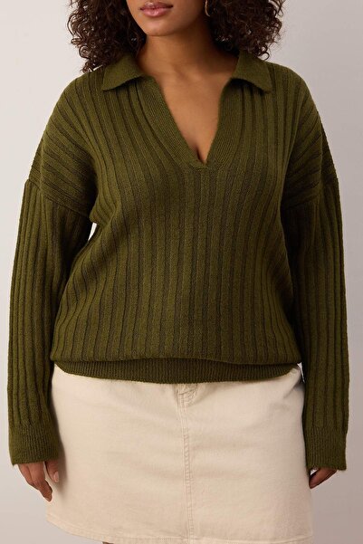 Trendyol Curve Khaki Corded Fabric Polo Neck Knitwear Sweater Tbbaw25An00062