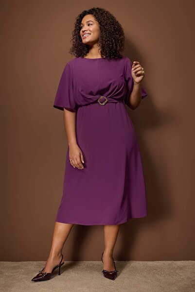 Trendyol Curve Special Collection Plum Straight Accessory Detail Midi Plus Size Woven Dress Tbbaw26Ah00084