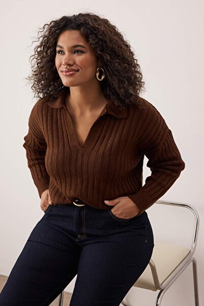 Trendyol Curve Brown Corded Fabric Polo Neck Knitwear Sweater Tbbaw25An00062