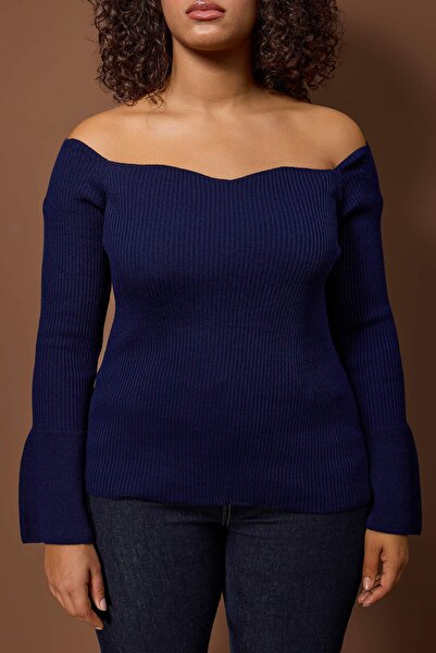 Trendyol Curve Navy Blue Corded Fabric Carmen Collar Knitwear Sweater Tbbaw26An00031