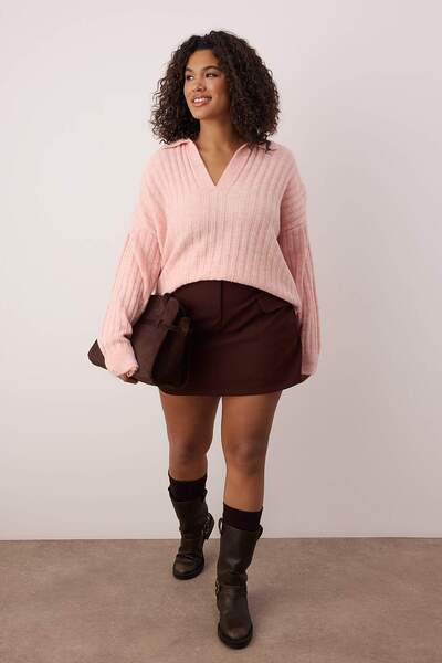 Trendyol Curve Pink Corded Fabric Polo Neck Knitwear Sweater Tbbaw25An00062