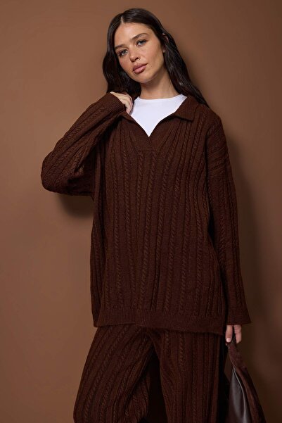 Trendyol Modest Brown Regular Hair Weave Straight Knitwear Hijab Bottom - Top Set Tctaw26Us00073