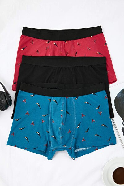 Trendyol Collection Mehrfarbige 3er-Packung mit tropischen Tiermustern – einfarbige Baumwoll-Boxershorts TMNSS23BX00009
