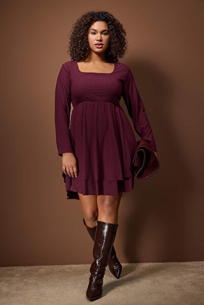 Trendyol Curve Plum Square Collar Skater/Waist Opening Wrap-Around Knitted Plus Size Dress Tbbaw26Ah00089