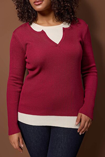 Trendyol Curve Wardrobe Essentials Cherry Double Layer Look Corded Fabric Knitwear Sweater Tbbaw26An00017