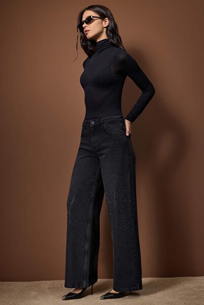 Trendyol Collection Black Stone Detailed High Waist Wide Leg Jeans Twoaw26Je00284