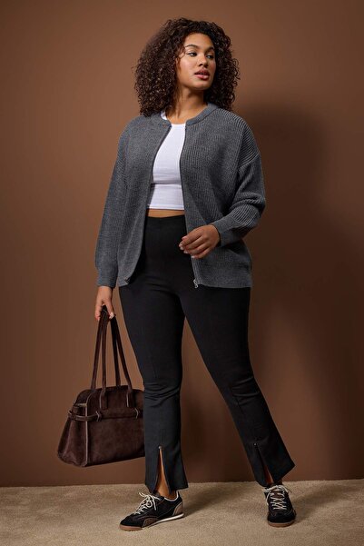 Trendyol Curve Anthracite Zippered Crew Neck Knitwear Cardigan Tbbaw25Av00024