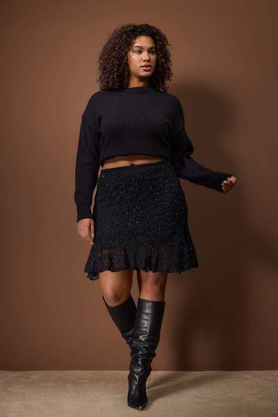 Trendyol Curve Black Skirt Flying Ruffle Knitted Lace Plus Size Skirt Tbbaw26Az00047