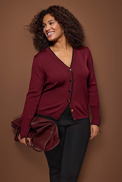Trendyol Curve Μπορντό Κουμπί Λεπτομερής Ριγέ Πλεκτή Ζακέτα TBBAW24AV00014