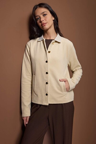 Trendyol Collection Πλεκτό φούτερ εκρού με λεπτομέρεια γιακά και τσέπες, με χοντρό φλις εσωτερικά TWOAW26SW00243