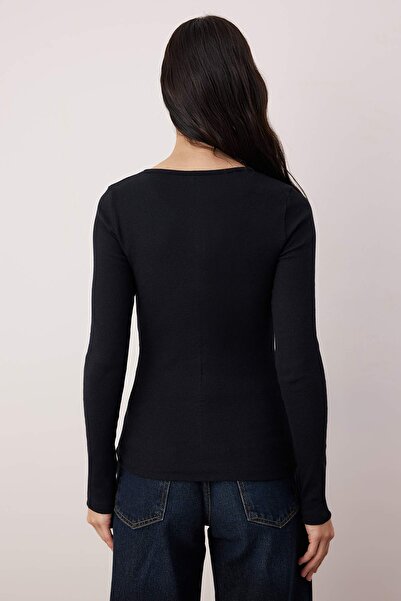 Trendyol Collection Navy Blue Snap Fastener Fitted/Bodycon Corded Fabric Stretchy Knitted Blouse Twoaw25Bz00080