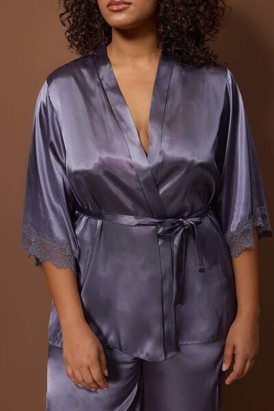Trendyol Curve Anthracite 3-Piece Dowry Set Lace Detailed Satin Woven Pajama Set