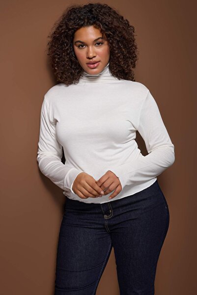 Trendyol Curve Ekru Fake Tricot Mock Neck Transparent Ultra Hafi Knitted Large Size Blouse Tbbaw26Af00113