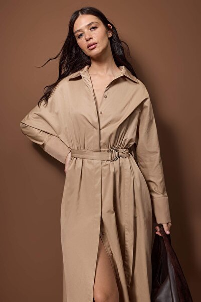 Trendyol Collection Mink Belted Midi Woven Dress Twoaw26El00338