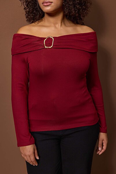 Trendyol Curve Brown Viscose Soft Fabric Bodycon Carmen Collar Knitted Plus Size Blouse Tbbaw26Af00094