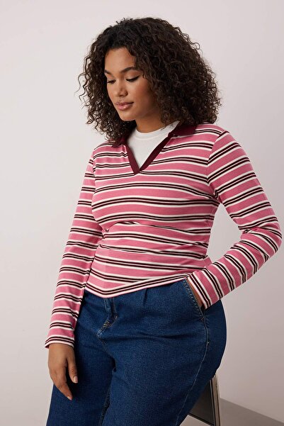 Trendyol Curve Ροζ πλεκτή μπλούζα με ριμπάκια σε μεγάλο μέγεθος