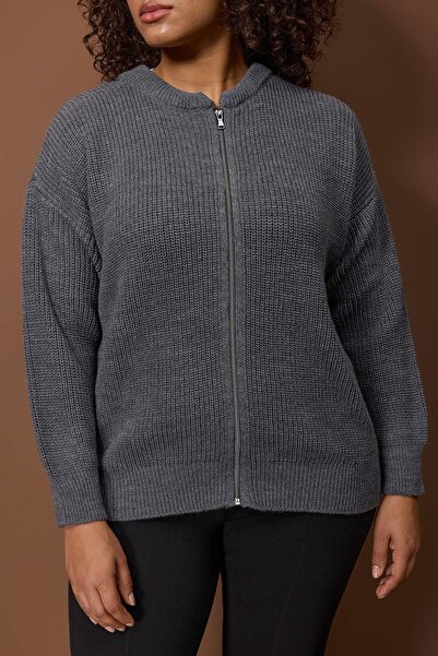 Trendyol Curve Anthracite Zippered Crew Neck Knitwear Cardigan Tbbaw25Av00024