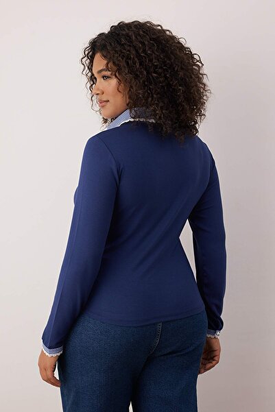 Trendyol Curve Navy Blue Stretch Fabric Combed Cotton Single Jersey Knitted Plus Size Blouse