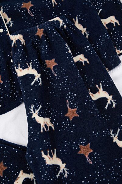 Trendyol Curve Navy Blue Christmas Themed Deer Pattern Shirt Collar Fleece Pajama Set Tbbaw26Ai00054