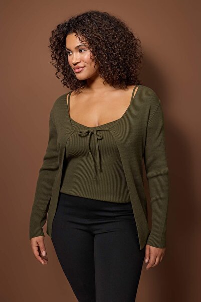 Trendyol Curve Khaki V-Neck Tie Detail Fine Knit Cardigan & Tank Top Set TBBAW23AV00047