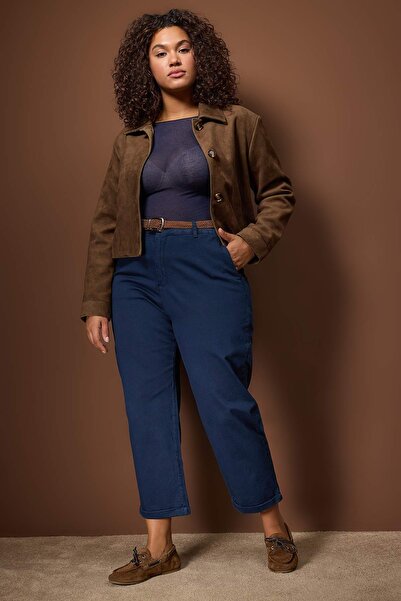 Trendyol Curve Navy Blue High Waist Belted Mom Fit Denim Plus Size Jeans Tbbaw26Cj00026