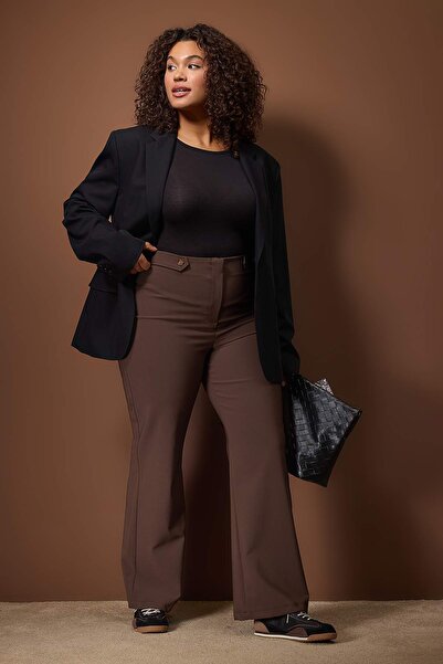 Trendyol Curve Premium Brown Plus Size Button Detailed Woven Trousers Tbbaw26Ar00028